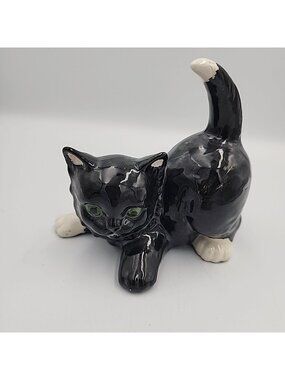 Vintage ceramic cat Halloween black home decor unique prop Green Eyes 5"